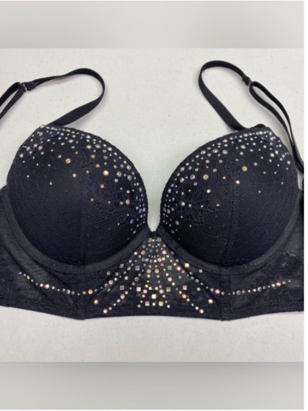 La Senza Black Lace Longline Rhinestone Push-Up Bra 34B NWOT *P1029i